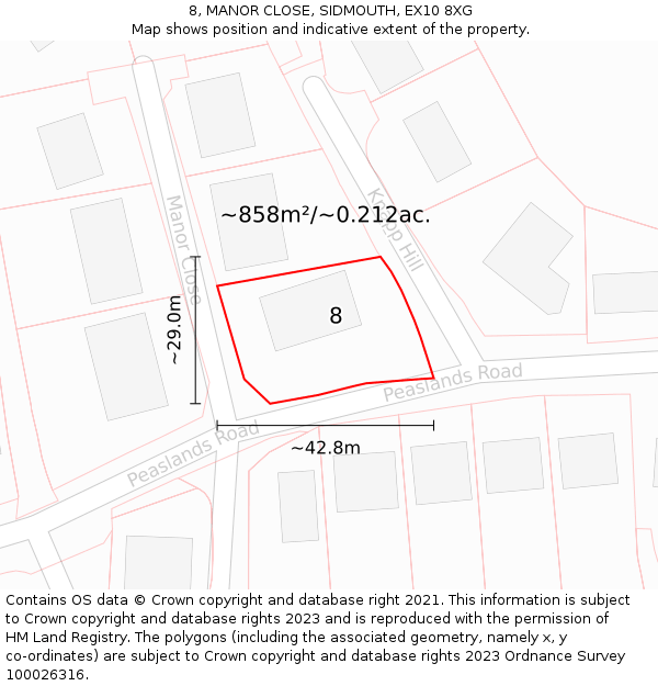 8, MANOR CLOSE, SIDMOUTH, EX10 8XG: Plot and title map