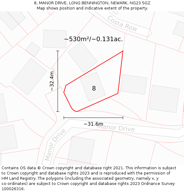 8, MANOR DRIVE, LONG BENNINGTON, NEWARK, NG23 5GZ: Plot and title map