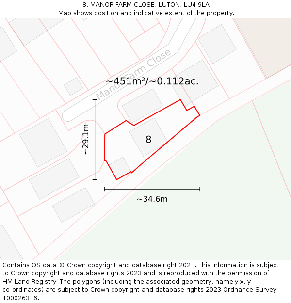 8, MANOR FARM CLOSE, LUTON, LU4 9LA: Plot and title map