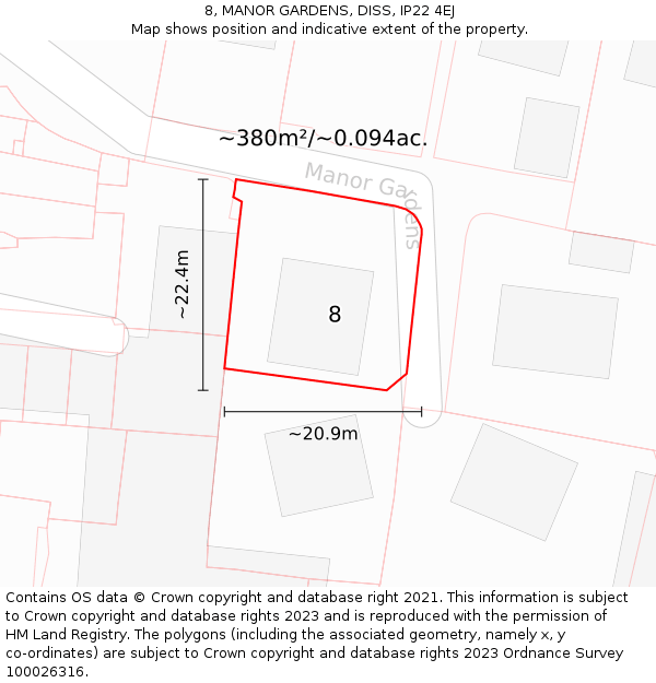 8, MANOR GARDENS, DISS, IP22 4EJ: Plot and title map