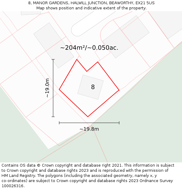8, MANOR GARDENS, HALWILL JUNCTION, BEAWORTHY, EX21 5US: Plot and title map