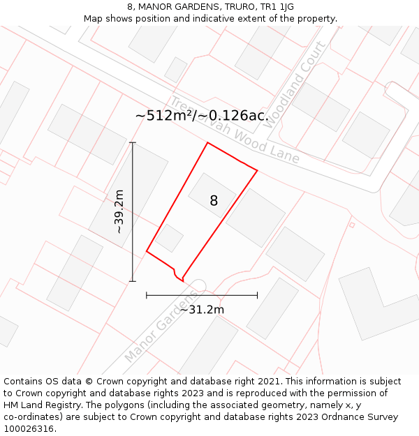 8, MANOR GARDENS, TRURO, TR1 1JG: Plot and title map