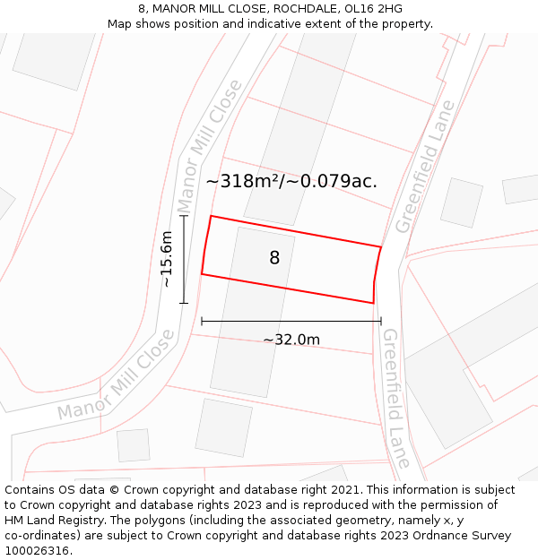 8, MANOR MILL CLOSE, ROCHDALE, OL16 2HG: Plot and title map