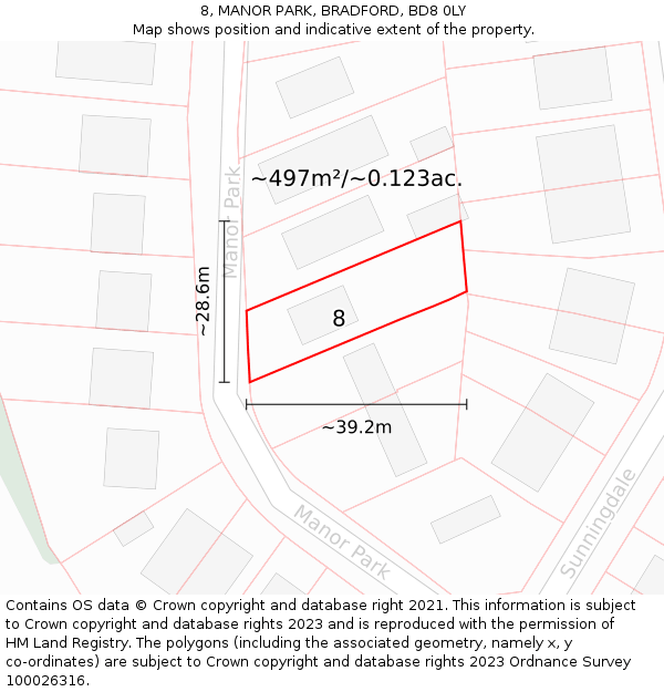 8, MANOR PARK, BRADFORD, BD8 0LY: Plot and title map