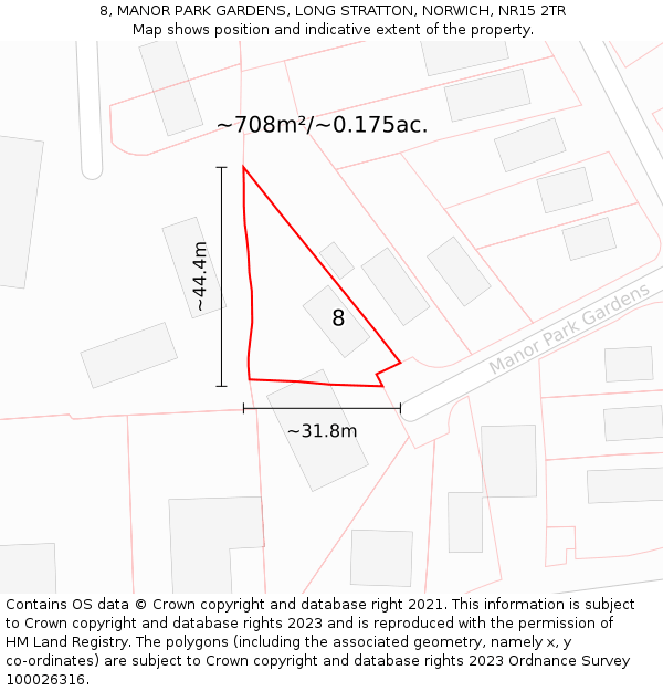 8, MANOR PARK GARDENS, LONG STRATTON, NORWICH, NR15 2TR: Plot and title map
