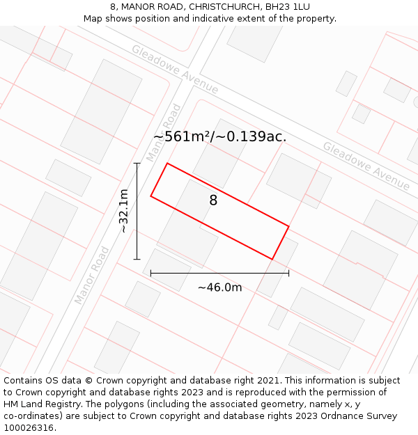 8, MANOR ROAD, CHRISTCHURCH, BH23 1LU: Plot and title map
