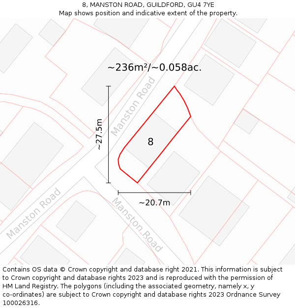 8, MANSTON ROAD, GUILDFORD, GU4 7YE: Plot and title map