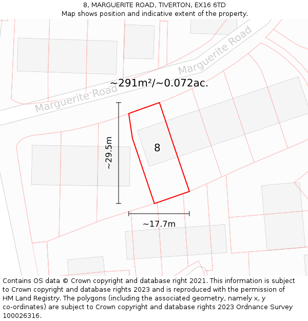 8, MARGUERITE ROAD, TIVERTON, EX16 6TD: Plot and title map