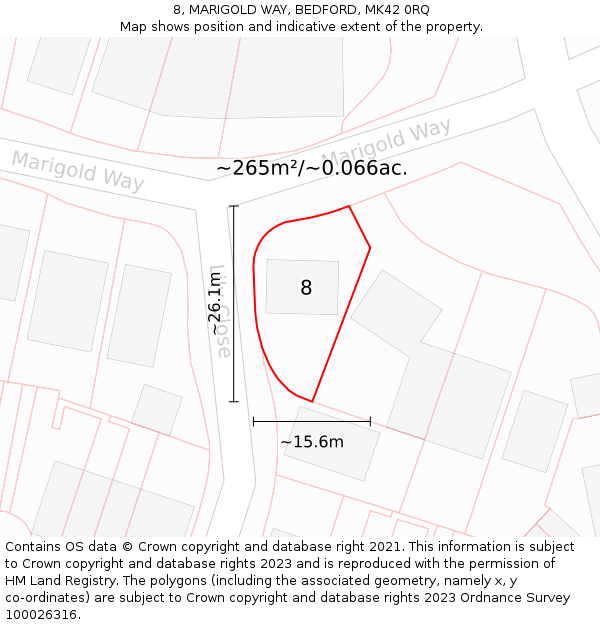 8, MARIGOLD WAY, BEDFORD, MK42 0RQ: Plot and title map