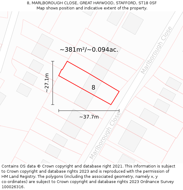 8, MARLBOROUGH CLOSE, GREAT HAYWOOD, STAFFORD, ST18 0SF: Plot and title map