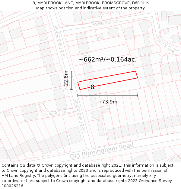 8, MARLBROOK LANE, MARLBROOK, BROMSGROVE, B60 1HN: Plot and title map