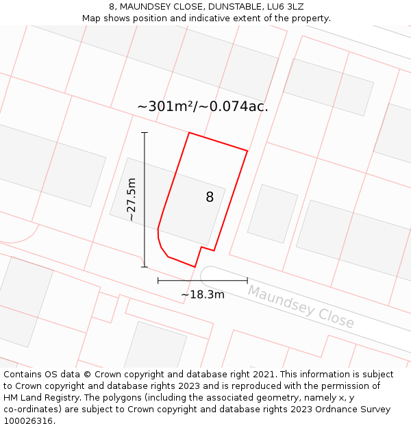 8, MAUNDSEY CLOSE, DUNSTABLE, LU6 3LZ: Plot and title map