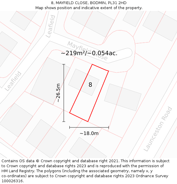 8, MAYFIELD CLOSE, BODMIN, PL31 2HD: Plot and title map