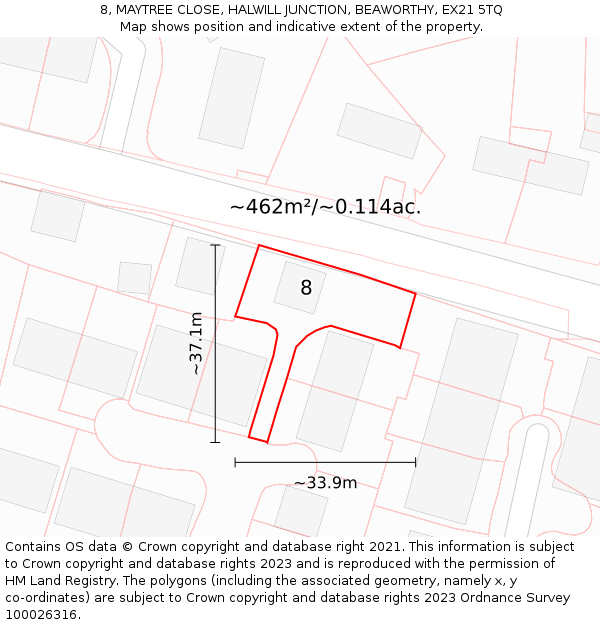 8, MAYTREE CLOSE, HALWILL JUNCTION, BEAWORTHY, EX21 5TQ: Plot and title map