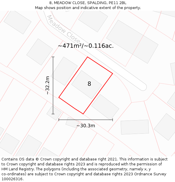 8, MEADOW CLOSE, SPALDING, PE11 2BL: Plot and title map