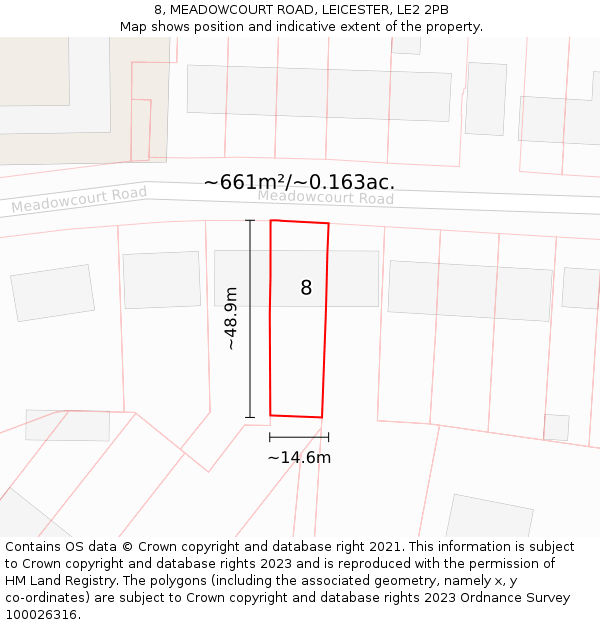 8, MEADOWCOURT ROAD, LEICESTER, LE2 2PB: Plot and title map