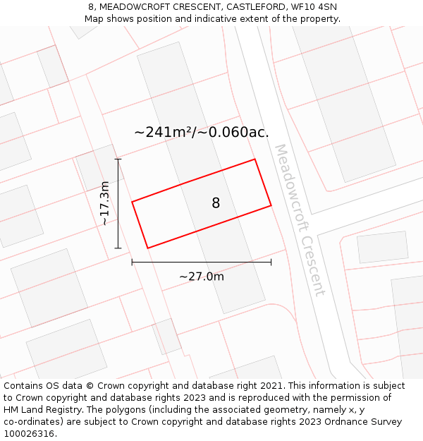 8, MEADOWCROFT CRESCENT, CASTLEFORD, WF10 4SN: Plot and title map