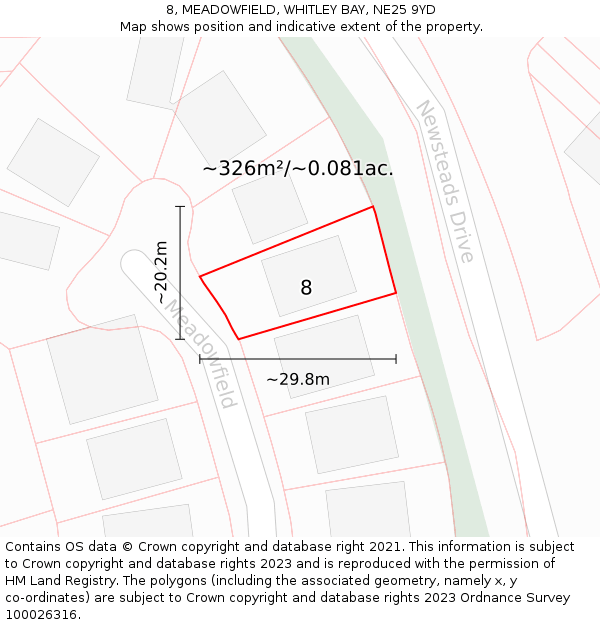 8, MEADOWFIELD, WHITLEY BAY, NE25 9YD: Plot and title map