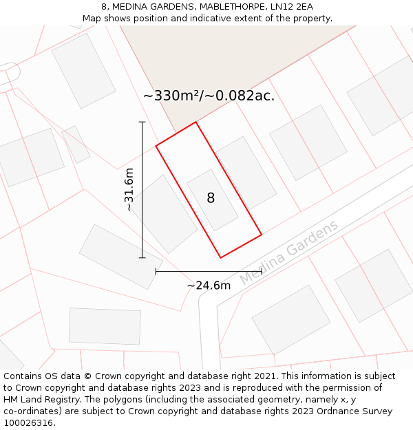 8, MEDINA GARDENS, MABLETHORPE, LN12 2EA: Plot and title map