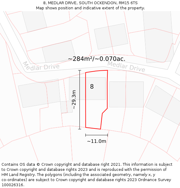 8, MEDLAR DRIVE, SOUTH OCKENDON, RM15 6TS: Plot and title map