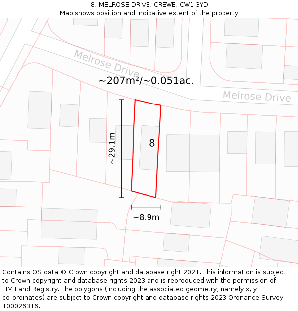 8, MELROSE DRIVE, CREWE, CW1 3YD: Plot and title map