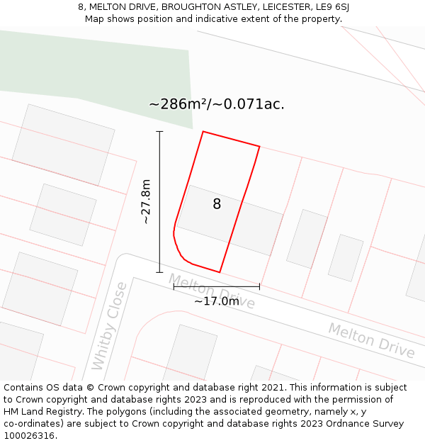8, MELTON DRIVE, BROUGHTON ASTLEY, LEICESTER, LE9 6SJ: Plot and title map