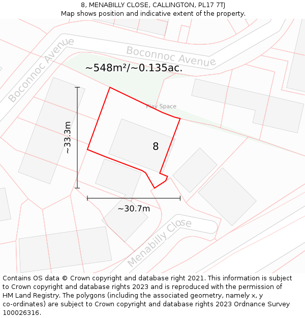 8, MENABILLY CLOSE, CALLINGTON, PL17 7TJ: Plot and title map