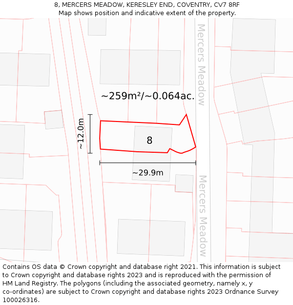 8, MERCERS MEADOW, KERESLEY END, COVENTRY, CV7 8RF: Plot and title map
