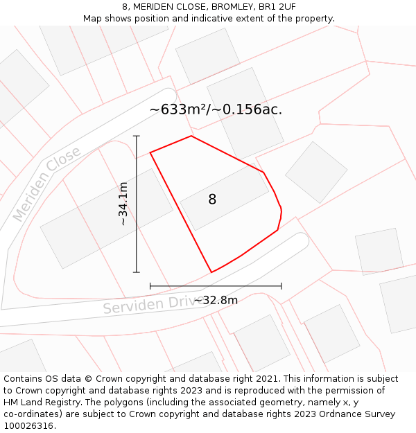 8, MERIDEN CLOSE, BROMLEY, BR1 2UF: Plot and title map
