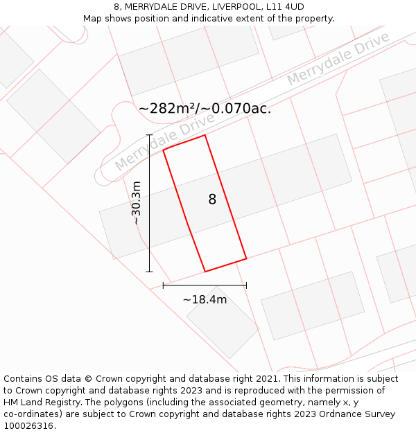 8, MERRYDALE DRIVE, LIVERPOOL, L11 4UD: Plot and title map