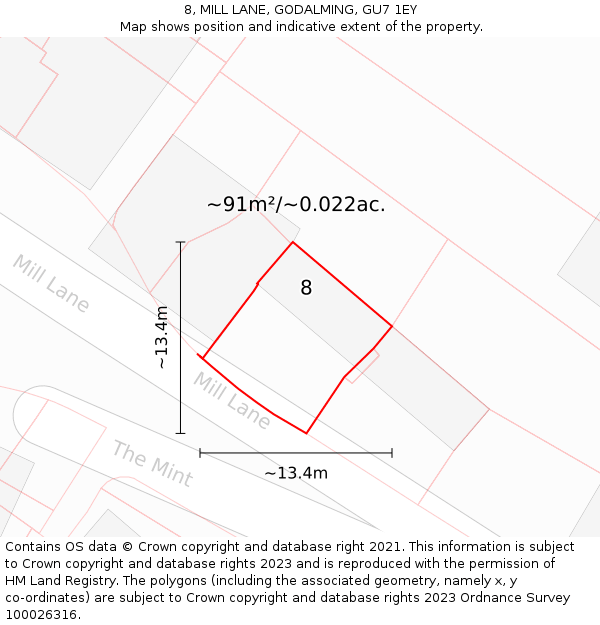 8, MILL LANE, GODALMING, GU7 1EY: Plot and title map