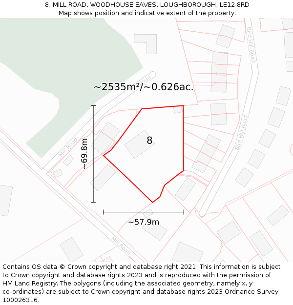 8, MILL ROAD, WOODHOUSE EAVES, LOUGHBOROUGH, LE12 8RD: Plot and title map