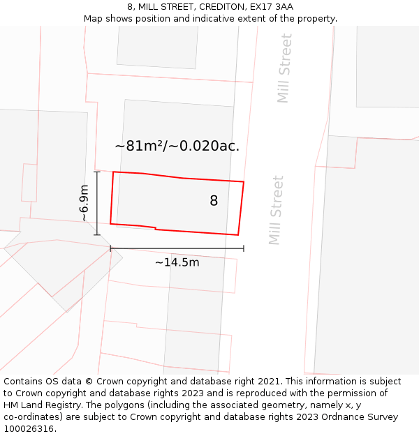 8, MILL STREET, CREDITON, EX17 3AA: Plot and title map