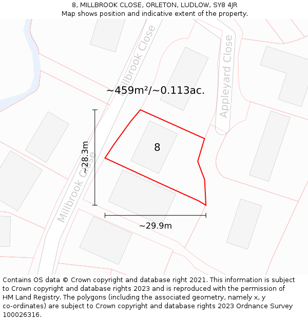 8, MILLBROOK CLOSE, ORLETON, LUDLOW, SY8 4JR: Plot and title map