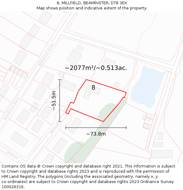 8, MILLFIELD, BEAMINSTER, DT8 3EX: Plot and title map