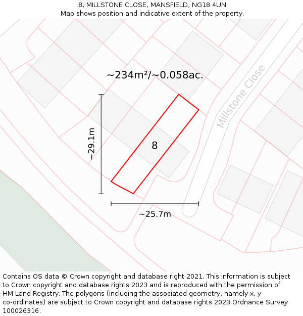 8, MILLSTONE CLOSE, MANSFIELD, NG18 4UN: Plot and title map