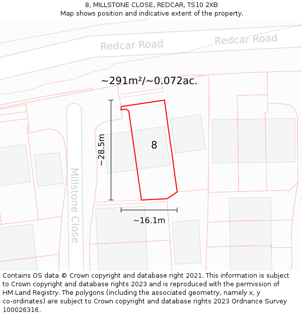 8, MILLSTONE CLOSE, REDCAR, TS10 2XB: Plot and title map