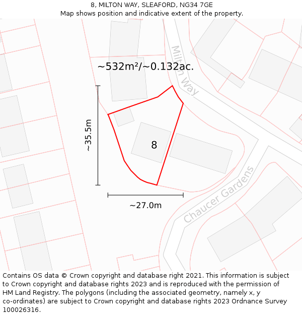 8, MILTON WAY, SLEAFORD, NG34 7GE: Plot and title map