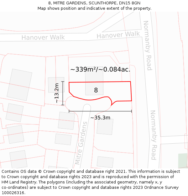 8, MITRE GARDENS, SCUNTHORPE, DN15 8GN: Plot and title map