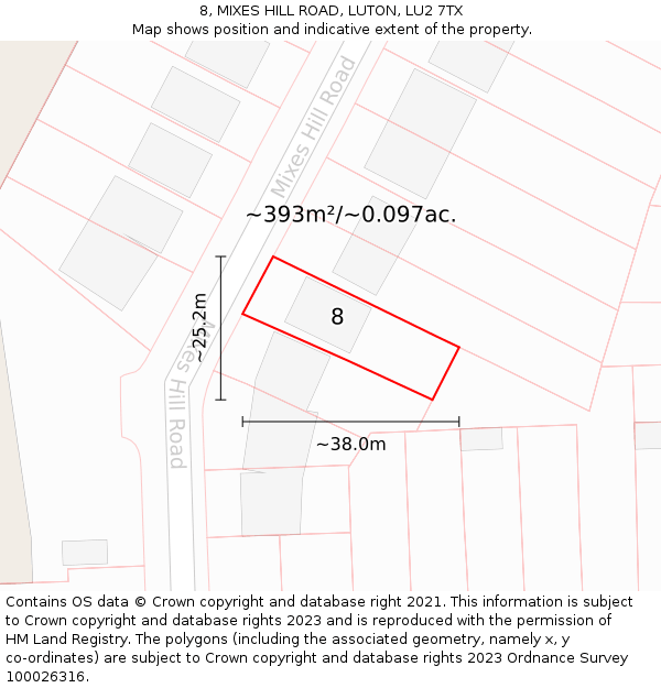 8, MIXES HILL ROAD, LUTON, LU2 7TX: Plot and title map