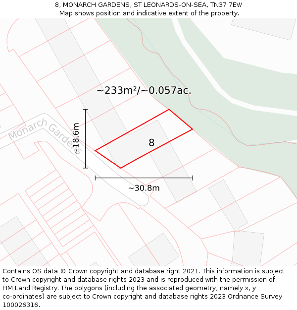 8, MONARCH GARDENS, ST LEONARDS-ON-SEA, TN37 7EW: Plot and title map