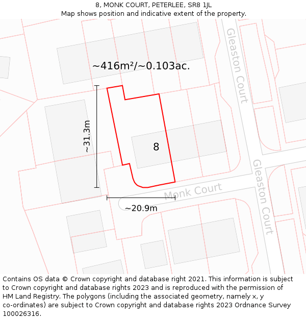 8, MONK COURT, PETERLEE, SR8 1JL: Plot and title map