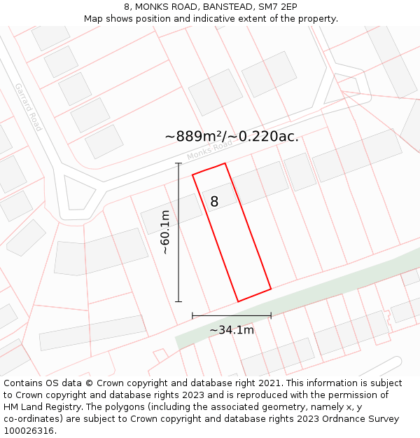 8, MONKS ROAD, BANSTEAD, SM7 2EP: Plot and title map