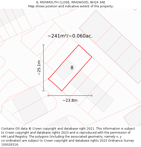 8, MONMOUTH CLOSE, RINGWOOD, BH24 3AE: Plot and title map