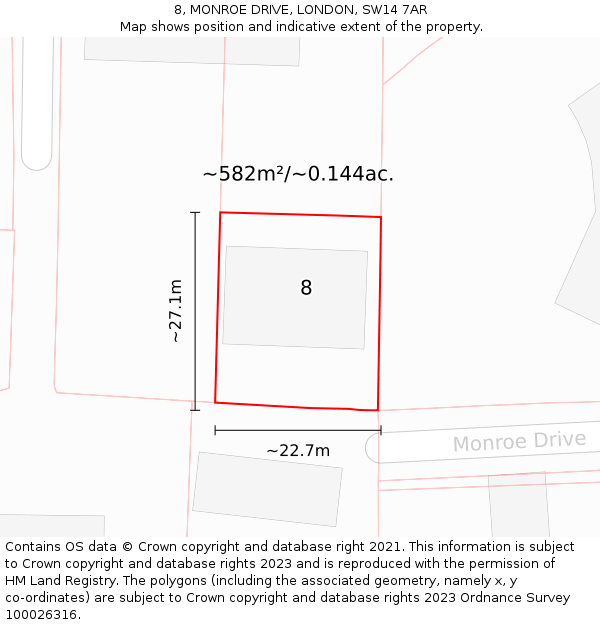 8, MONROE DRIVE, LONDON, SW14 7AR: Plot and title map