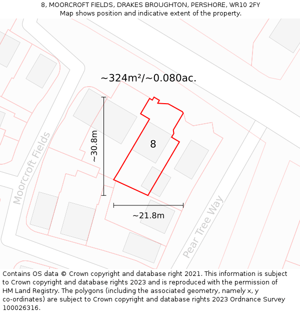 8, MOORCROFT FIELDS, DRAKES BROUGHTON, PERSHORE, WR10 2FY: Plot and title map