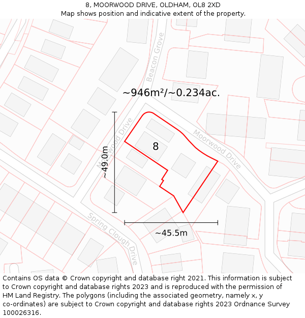 8, MOORWOOD DRIVE, OLDHAM, OL8 2XD: Plot and title map