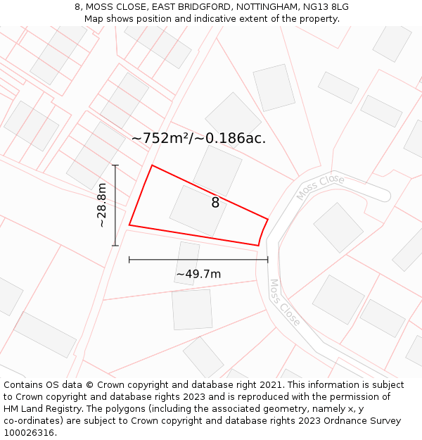 8, MOSS CLOSE, EAST BRIDGFORD, NOTTINGHAM, NG13 8LG: Plot and title map