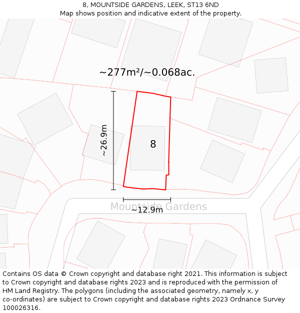 8, MOUNTSIDE GARDENS, LEEK, ST13 6ND: Plot and title map