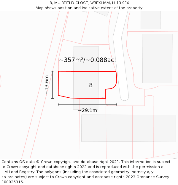 8, MUIRFIELD CLOSE, WREXHAM, LL13 9FX: Plot and title map